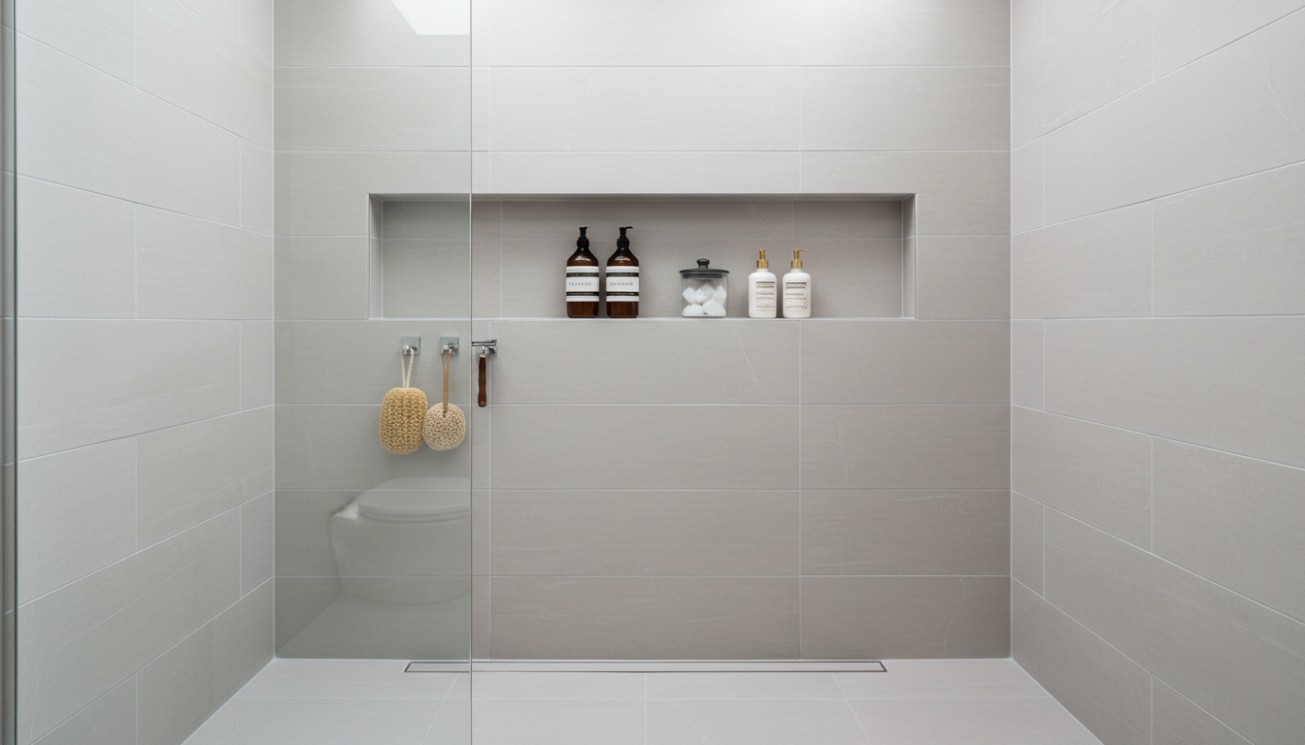 Wide shower niche with everyday toiletries arranged for practical family bathroom storage
